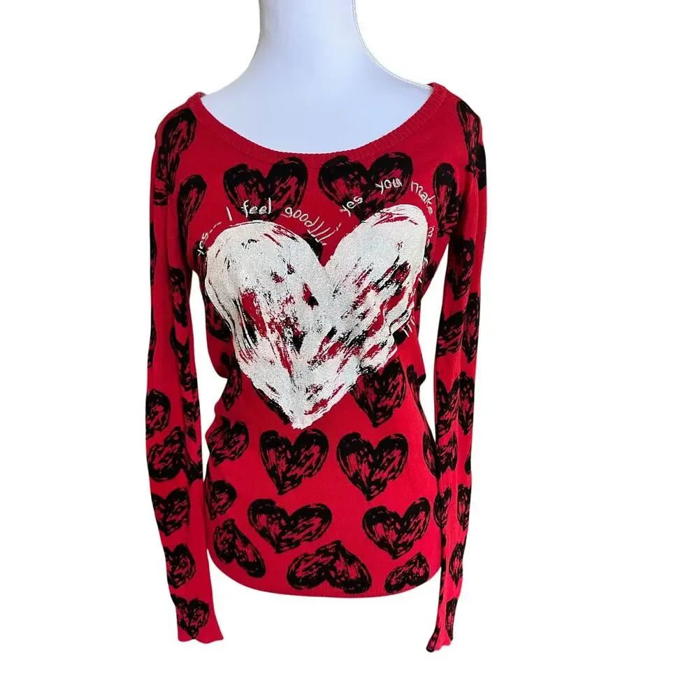 Desigual Red Heart Print Sweater Top Y2K Graphic Long Sleeve Women’s M - Picture 1 of 8